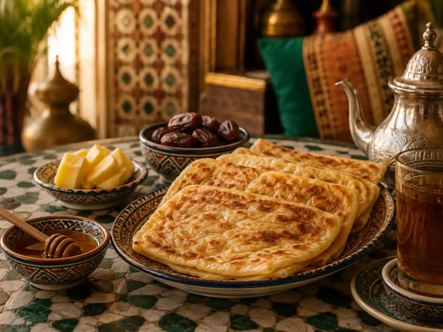 Msemen marocain servi avec miel, thé à la menthe et dattes